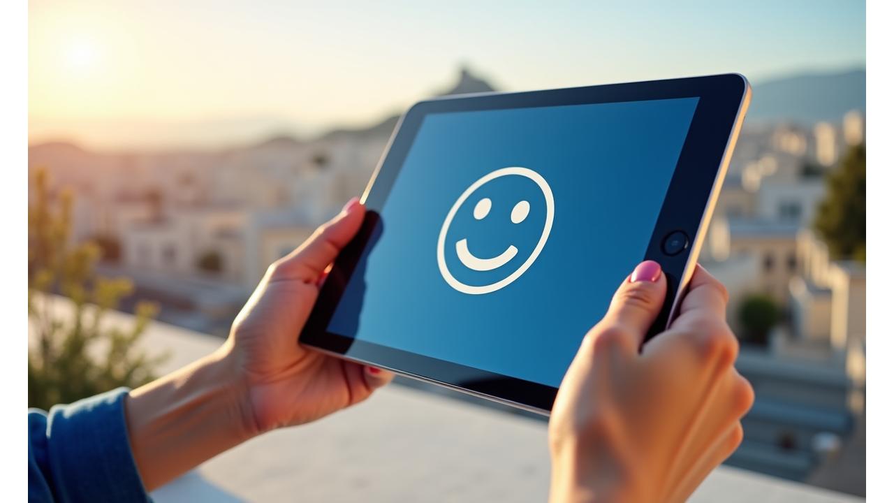 Γυναικείο χέρι κρατά ένα ψηφιακό tablet με ένα χαμογελαστό emoticon σε μια οθόνη, σε ένα περιβάλλον που παραπέμπει σε αθηναϊκό μπαλκόνι με θέα στην πόλη.